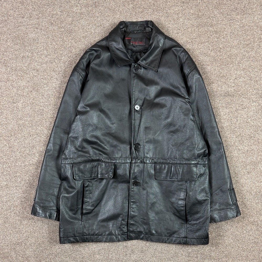 VTG Black Genuine Leather Jacket Men’s XL Button Front Collared Drawstring Waist